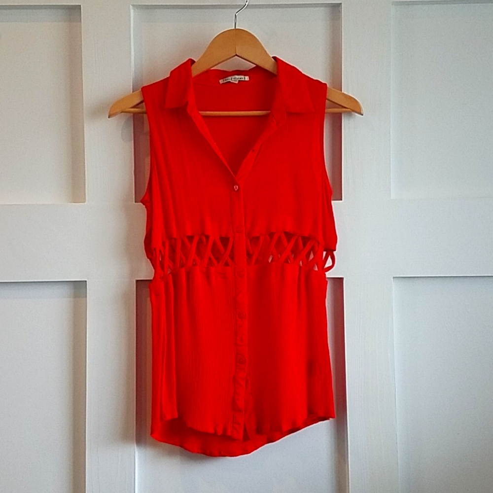 Red Cut-Out Sleeveless Button Down Shirt